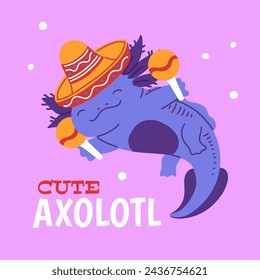 Cute blue Axolotl playing maracas with sombrero hat vector poster. Cartoon happy amphibian reptile, salamander. Marine Mexican friendly little monster on lilac