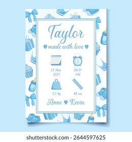 Cute blue baby announcement card template with newborn boy birth details, perfect for greeting cards, posters, and nursery decor