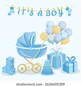 Cute blue baby boy greeting card with playful elements, ideal for baby shower party invitation or newborn celebration