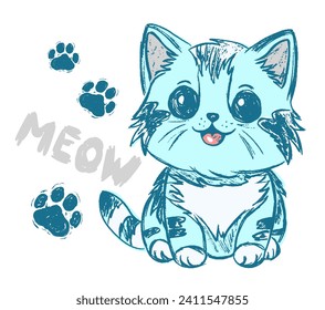 Cute blue baby boy kitten, little cat with meow inscription and paw, cartoon vector illustration