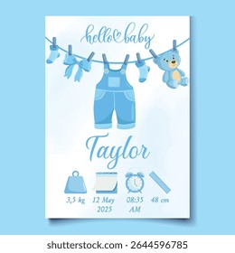 Cute blue baby clothes with birth details, newborn announcement card with "It's a boy" text, perfect for nursery decor, greeting cards, and celebration designs
