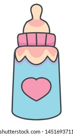 Cute blue baby drinking bottle with heart, a vector illustration drawing