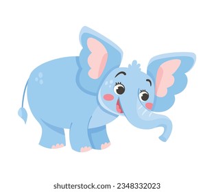 Cute Blue Baby Elephant Character with Large Ear Flaps and Trunk Vector Illustration