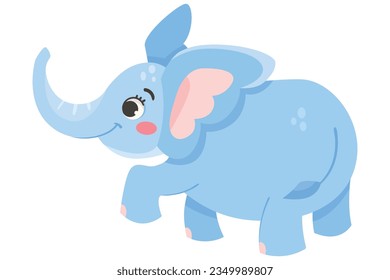 Cute Blue Baby Elephant Character Walking with Large Ear Flaps and Trunk Vector Illustration