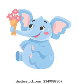 Cute Blue Baby Elephant Character Sitting with Flower Bouquet Vector Illustration