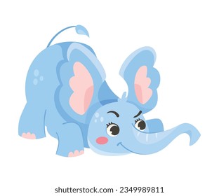 Cute Blue Baby Elephant Character Playing with Large Ear Flaps and Trunk Vector Illustration