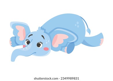 Cute Blue Baby Elephant Character Lying with Large Ear Flaps and Trunk Vector Illustration