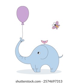 Cute blue baby elephant character with butterfly and bird holding balloon. Minimalist hand drawn cartoon character in pastel colors. Naive children drawing style wild animal. Vector illustration.