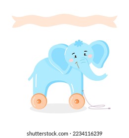Cute blue baby elephant on wheels. Children's toy with banner for congratulations. Template for text. Vector baby illustration in cartoon style on white isolated background.