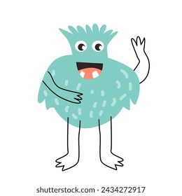 Cute blue baby monster character smiling vector illustration. Can used for greeting card, poster, baby cards. Doodle monsers in trendy style. 
