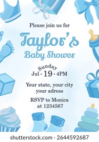 Cute blue baby shower card template with flat newborn boy illustrations, ideal for invitations, birth announcements, and celebration designs