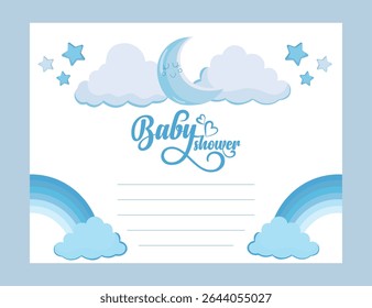 Cute blue baby shower greeting card template with sky elements like clouds and stars in the background, perfect for invitations and birth announcements