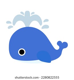 Cute blue baby whale blows. Isolated on white background, flat design, EPS10 vector