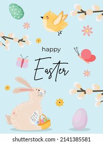 Cute blue background with a bunny holding a basket filled with Easter eggs, yellow bird flying above. Spring template with adorable design elements. Vector illustration.