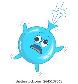 Personagem balão azul bonito desinfla e voa tonto. Ilustração vetorial de desenhos animados para entretenimento infantil, livro, adesivos.