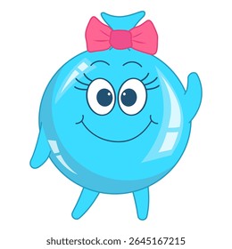 Personagem azul bonito balão-menina com arco rosa sorrindo alegremente. Ilustração vetorial de desenhos animados para entretenimento infantil, livro, adesivo.