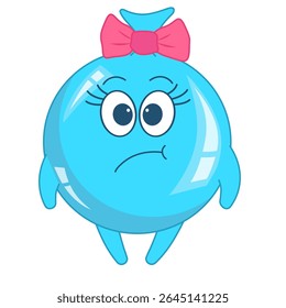 Cute blue balloon-girl character with shocked surprised expression, wide open eyes and closed mouth. Cartoon vector illustration for children's entertainment, book, sticker.
