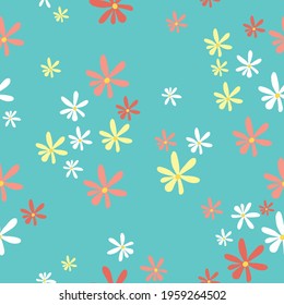 Cute blue base background seamless print pattern with colorful ditsy doodle daisy