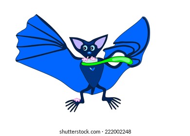 Cute blue bat brushing teeth