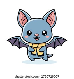 Personaje lindo del murciélago azul con la capa amarilla y las alas púrpuras en estilo de dibujos animados