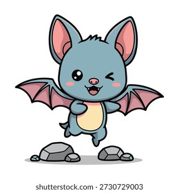Cute blue bat com orelhas e asas rosa em pé sobre rochas cartoon