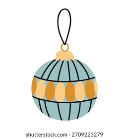 Linda chuchería azul con un patrón decorativo. Elemento festivo de vacaciones aislado sobre un fondo blanco. Vector dibujado a mano ilustración plana. Perfecto para Navidades y diseños de temporada, tarjetas.
