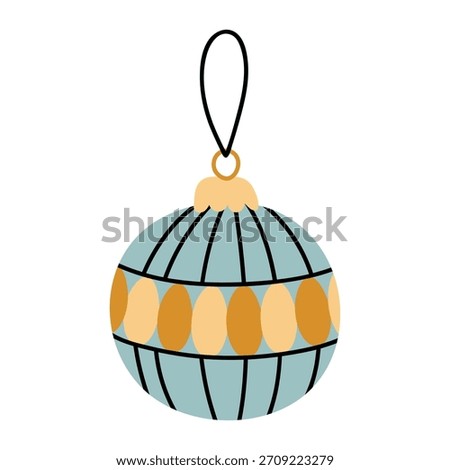 Cute blue bauble with a decorative pattern. Festive holiday element isolated on a white background. Vector hand-drawn flat illustration. Perfect for Christmas and season designs, cards.