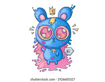 Cute blue bear with big eyes. Creative cartoon illustration. Picture for print, advertising, applications and T-shirt print.