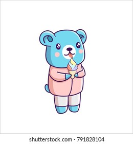 cute blue bear eating ice cream in summer , kawaii doodle sticker blue bear enjoy summer and eat ice cream