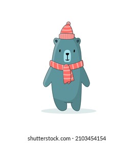 Cute blue bear in a hat and scarf in scandinavian style, hand-drawn on a white isolated background. Vector illustration