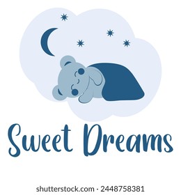 A cute blue bear in kawaii style sleeps under a blanket against the backdrop of the moon and stars. Minimalist card with sweet dreams inscription. Vector image.
