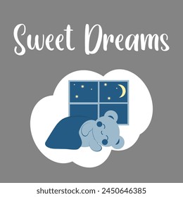 Cute blue bear in kawaii style sleeps under a blanket against the background of a window with the night sky, moon and stars. Vector image.