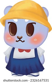 Cute blue bear in kindergarten uniform and wearing yellow hat