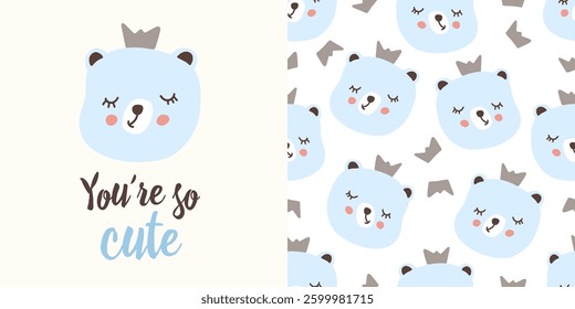 Cute blue bear pattern and print set for baby products, nursery, and kids design. Vector illustration
