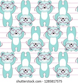 Cute blue bear puts on glasses on a white background seamless pattern