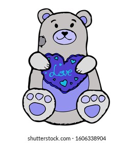 Cute blue bear toy with heart . Hand-drawn vector stock illustration of teddy bear. Isolated on white background. Design for Valentines day. Outline. Doodle. Cartoon. Kids illustration. Trendy. Flat