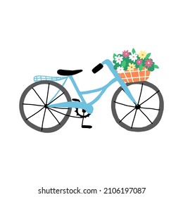 A cute blue bicycle with a basket of fresh flowers. Symbol of Netherlands, resort countries and serene rest. Hand-dawn vector isolated illustration.