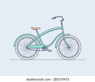 Cute blue bicycle with wheels, pedals, chain gear, and tires isolated on a light blue background