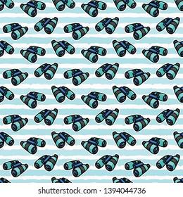 Cute blue binoculars stripe cartoon seamless vector pattern. Hand drawn field navigation tile. All over print for travelling cartography blog, nautical graphic, discovery equipment home decor.