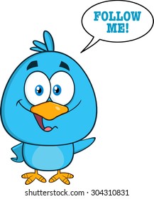 Cute Blue Bird Cartoon Character Waving With Speech Bubble And Text. Vector Illustration Isolated On White