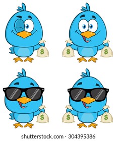 Cute Blue Bird Cartoon Character 3. Vector Collection Set