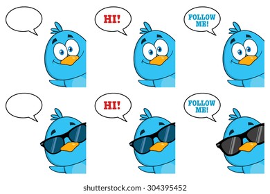 Cute Blue Bird Cartoon Character 10. Vector Collection Set