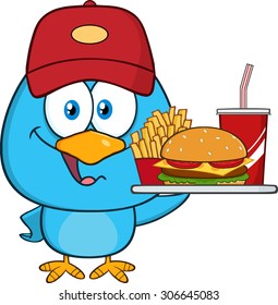 Cute Blue Bird Cartoon Character Holding A Platter With Burger, French Fries And A Soda. Vector Illustration Isolated On White