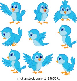 Cute blue bird cartoon collection set