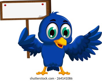 cute blue bird cartoon holding blank board