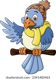 Cute blue bird cartoon on tree branch