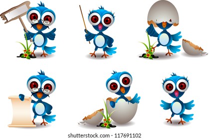 cute blue bird cartoon set