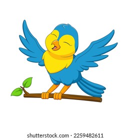 Cute blue bird cartoon is singing on a branch