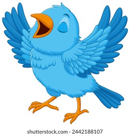 Cute Blue Bird Cartoon Singing Vector Illustration. Animal Education Icon Concept
