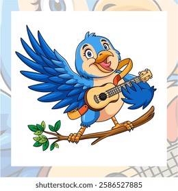 Cute blue bird cartoon singing while playing guitar.